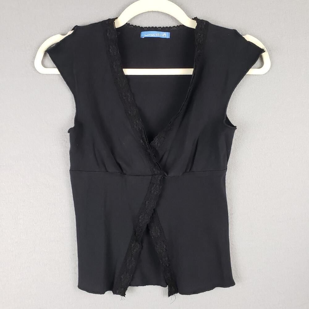 Y2K dELIAS Size S Lace Trim Wrap Black Midriff Blouse Office Siren Whimsigoth